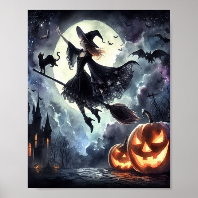 Póster Bruja de Halloween con escoba y gato (Frente)