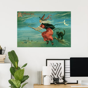 Póster Bruja de Halloween con gato negro