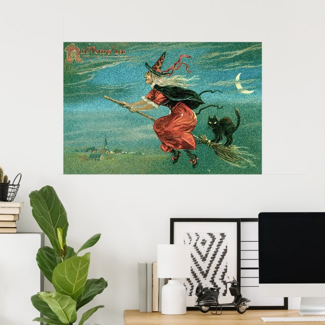 Póster Bruja de Halloween con gato negro (Oficina en casa)