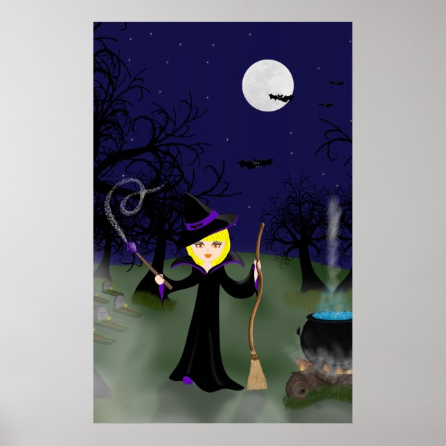 Póster Bruja de Halloween con imagen de Cauldron (Frente)