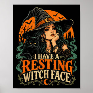 Póster bruja de Halloween descansando rostro de bruja gat