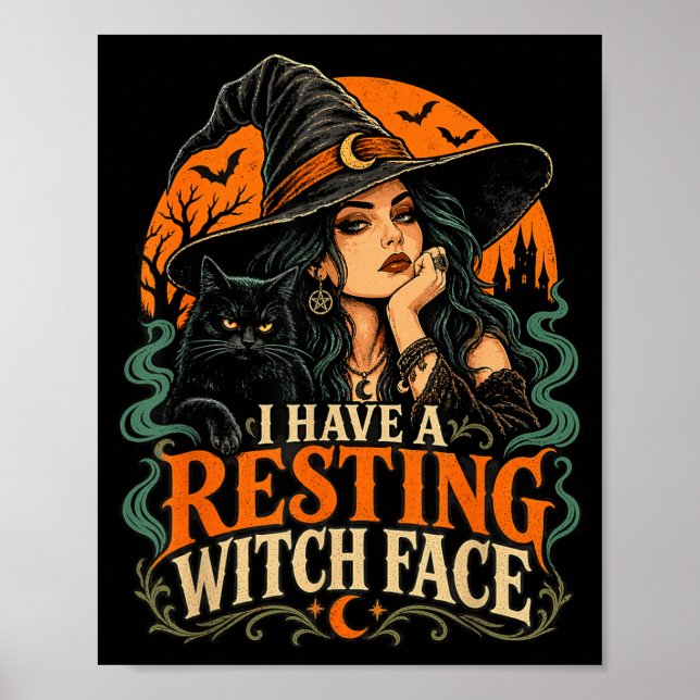 Póster bruja de Halloween descansando rostro de bruja gat (Frente)