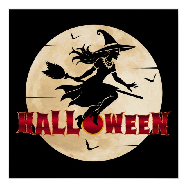 Póster Bruja de Halloween en Escoba (Anverso)