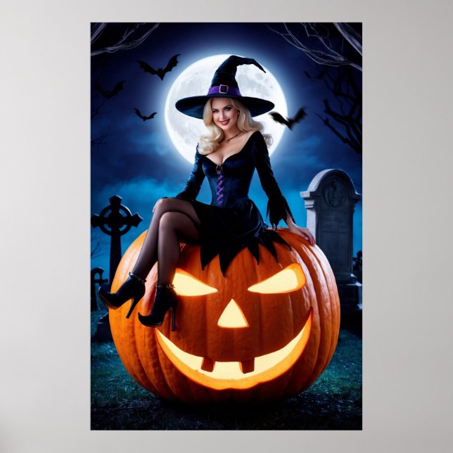 Póster Bruja de Halloween en Poster de calabaza (Frente)