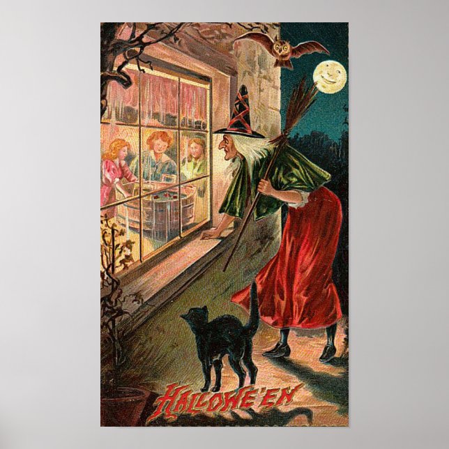 Póster Bruja de Halloween, gato mirando por la ventana (Frente)