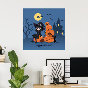 Póster Bruja de Halloween, gato negro y calabazas