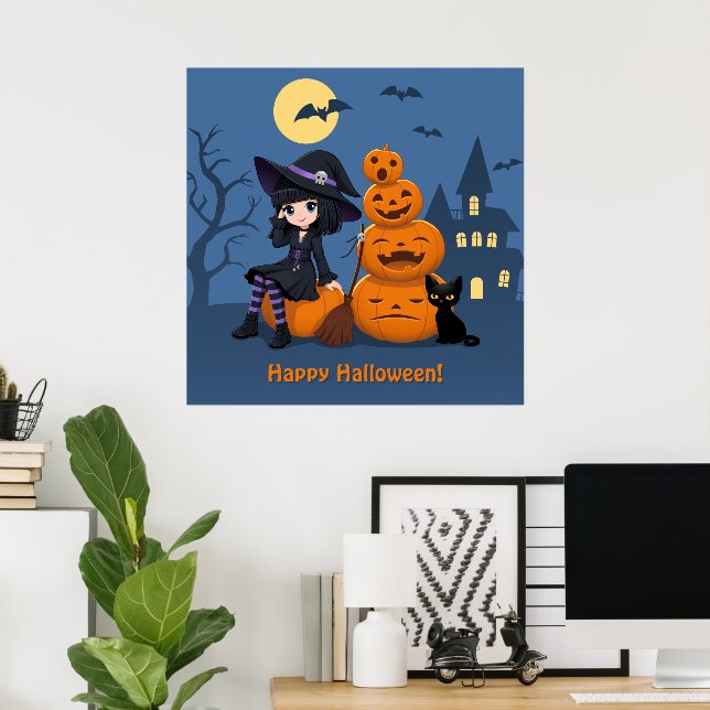 Póster Bruja de Halloween, gato negro y calabazas (Oficina en casa)