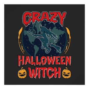 Póster Bruja de Halloween Loca Calabaza Voladora Luna Esp