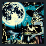 Póster Bruja de Halloween vintage agitando un caldero<br><div class="desc">Vintage escena de Halloween con una bruja agitando un caldero bajo una luna llena mientras los gatos negros miran.</div>
