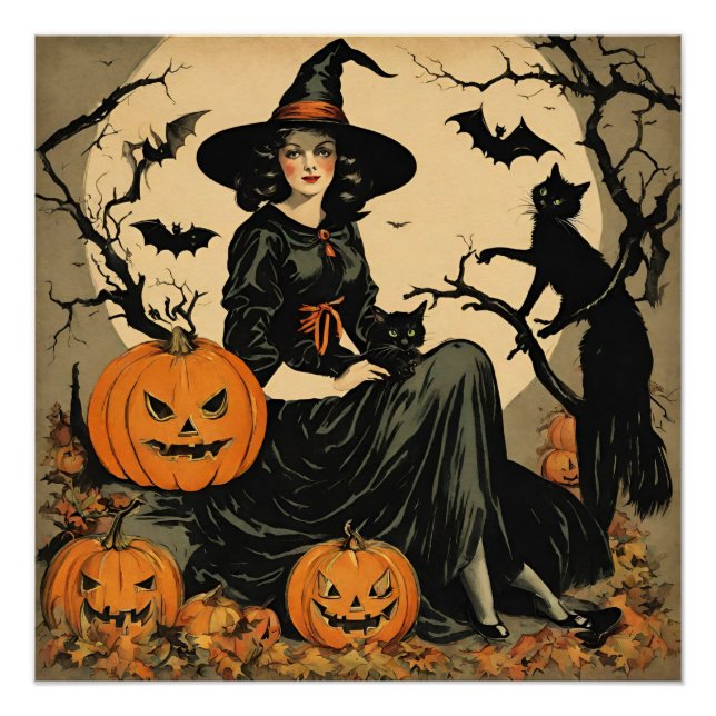 Póster Bruja de Halloween vintage, calabaza, gato negro,  (Anverso)