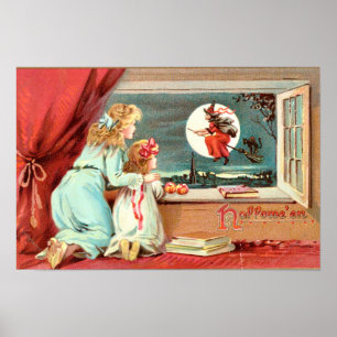Póster Bruja de Halloween vintage con escoba