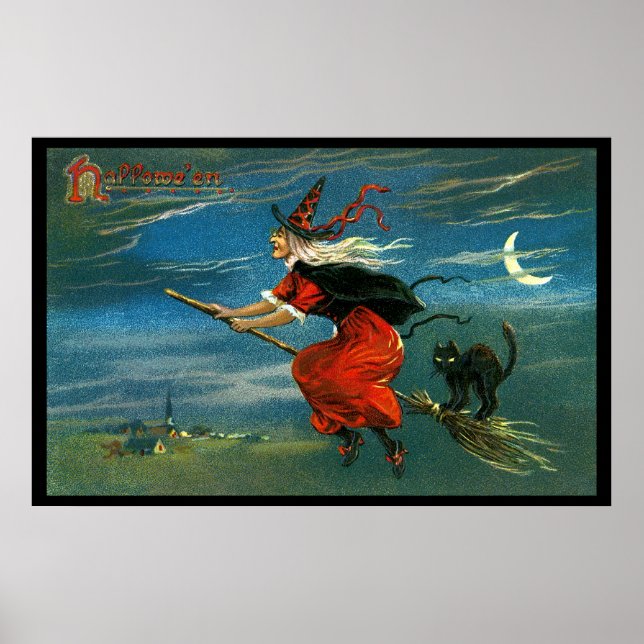 Póster Bruja de Halloween volando con gato (Frente)