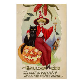 Póster Bruja de Halloween y gato negro