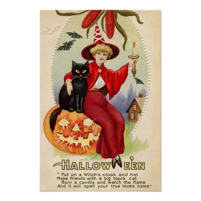 Póster Bruja de Halloween y gato negro (Anverso)