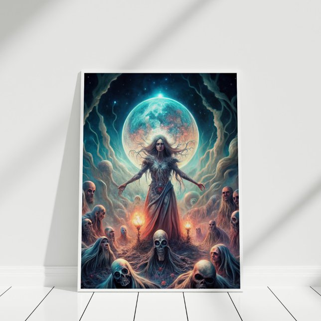 Póster Bruja de la Luna Oscura - Espíritu llama Poster ri (Dark Moon Witch – Spirit Calling Ritual Poster in a white frame.)