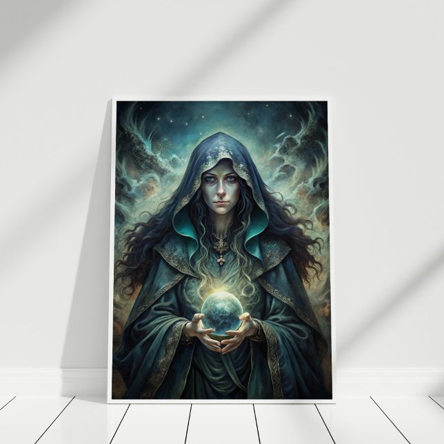 Póster Bruja de luna oscura - Crystal Vision Wall Art (Dark Moon Witch – Crystal Vision Wall Art in a white frame)