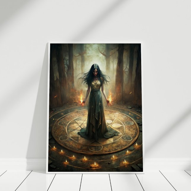 Póster Bruja de luna oscura - Poster de pared circular ri (Dark Moon Witch – Ritual Circle Wall Poster in a white frame)