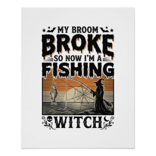 Póster Bruja de Pesca Diseño de Vector Vintage de Hallowe