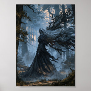 Póster Bruja del Bosque de Fantasía Oscura con Cabello Bl