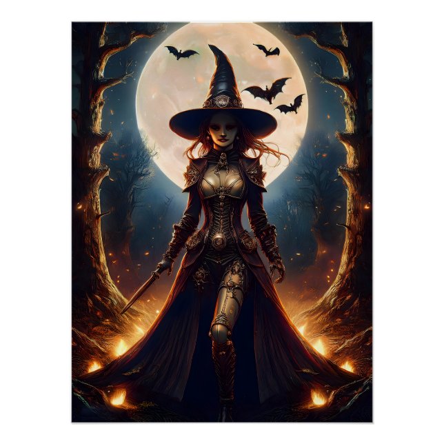 Póster Bruja del bosque steampunk de Halloween (Anverso)