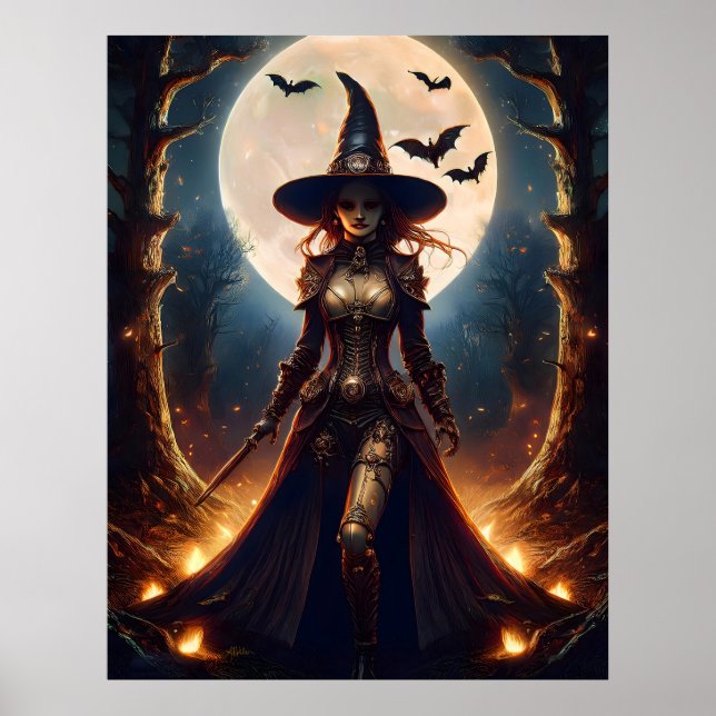 Póster Bruja del bosque steampunk de Halloween (Frente)