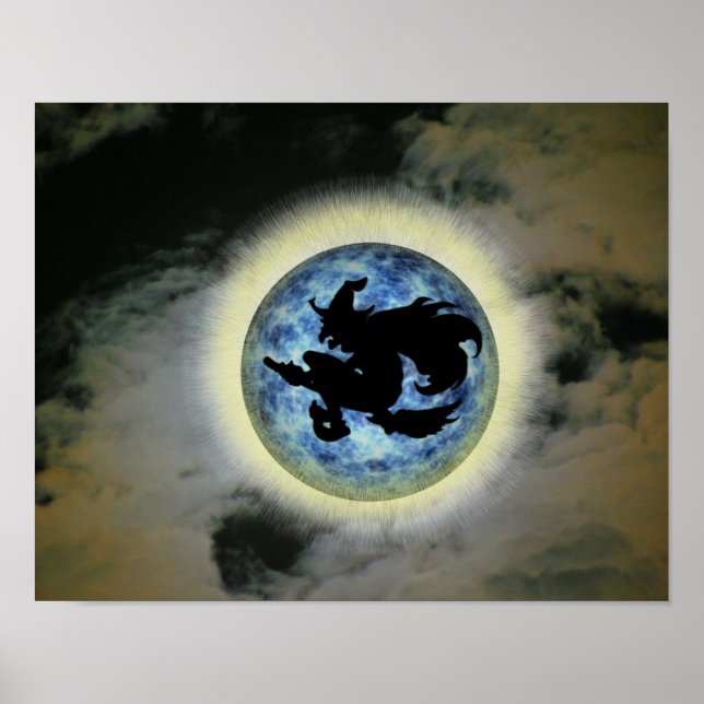 Póster Bruja En Broom Blue Full Moon Halloween (Frente)