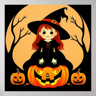 Póster Bruja en entorno de Halloween con calabazas