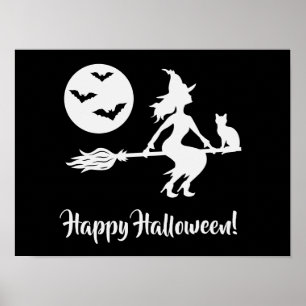 Póster Bruja En Escoba Blanco Y Negro Feliz Halloween