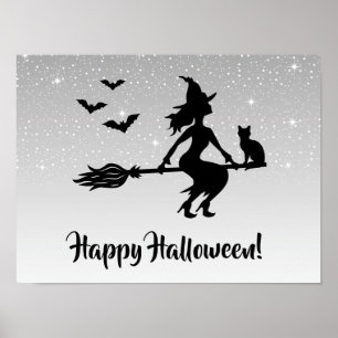 Póster Bruja En Escoba Gris Plateado Y Negro Halloween