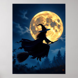 Póster Bruja en la habitación por Halloween de luna llena
