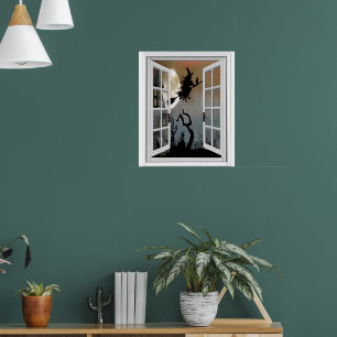 Póster Bruja en Vista de Ventana de Escoba Halloween
