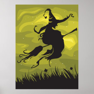 Póster Bruja espeluznante de Halloween volando en escoba