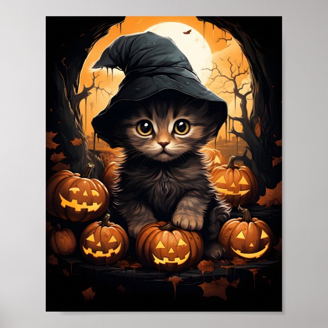 Póster Bruja Gatita De Halloween Con Hojas Y Calabazas (Frente)