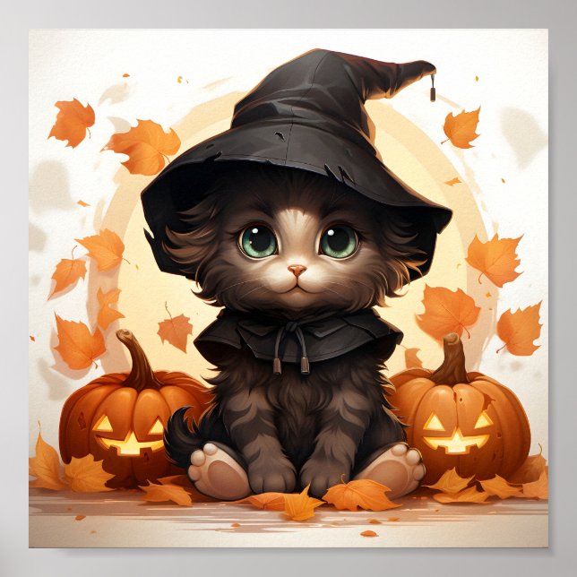 Póster Bruja gatita, hojas y calabazas de Halloween (Frente)