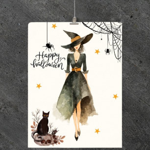 Póster Bruja gato arañas góticas Halloween elegante vinta