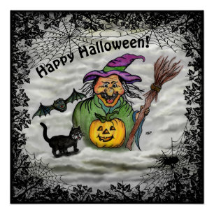 Póster Bruja, Gato, Barba y Calabaza , Feliz Halloween!