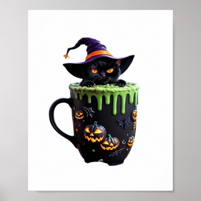 Póster Bruja Gato Halloween Café Mug - Gato negro lindo w (Frente)