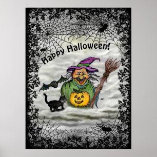 Póster Bruja , Gato , Murciélago y Calabaza , ¡Feliz Hall