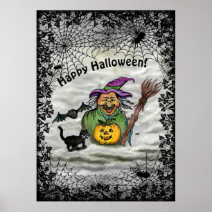 Póster Bruja, gato, murciélago y calabaza, ¡Feliz Hallowe