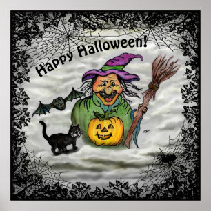 Póster Bruja, gato, murciélago y calabaza, ¡Feliz Hallowe