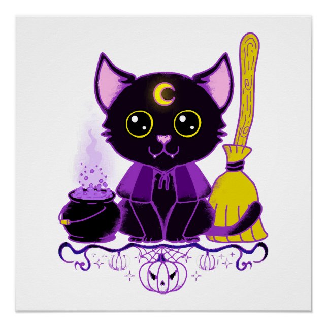 Póster Bruja Gato Negro Cute de Halloween (Anverso)