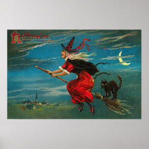 Póster Bruja Gato Negro Volador Luna Creciente