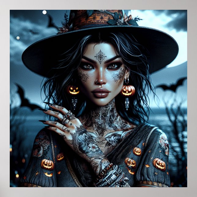 Póster Bruja gótica con Tattoos Halloween (Frente)