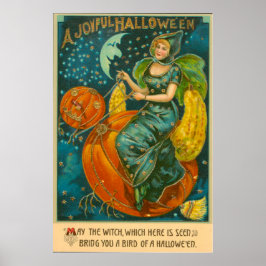 Póster Bruja Jack O Linterna Pájaro Calabaza Luna Crecien