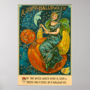 Póster Bruja Jack O Linterna Pájaro Calabaza Luna Crecien