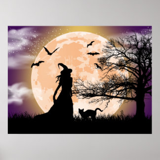 Póster Bruja mística, gato negro, luna llena
