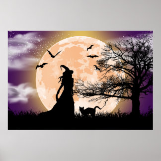 Póster Bruja mística, gato negro, Poster de luna llena