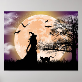 Póster Bruja mística, gato negro, Poster de luna llena