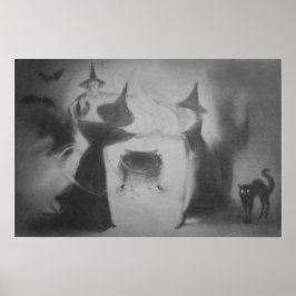 Póster Bruja Murciélago Noche Monocroma Caldero Gato Negr