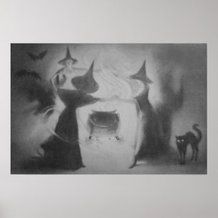 Póster Bruja Murciélago Noche Monocroma Caldero Gato Negr